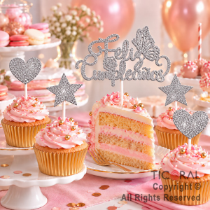 CAKE TOPPER FELIZ CUMPLEA�OS CON ESTRELLAS Y CORAZONES GIBRE PLATA